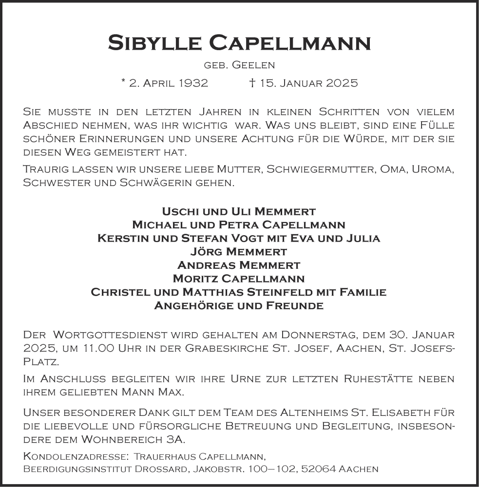 Traueranzeigen Von Sibylle Capellmann Aachen Gedenkt