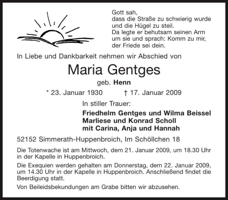 Traueranzeigen von Maria Gentges | Aachen gedenkt