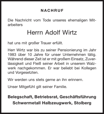Traueranzeige von Adolf Wirtz von Aachener Zeitung / Aachener Nachrichten
