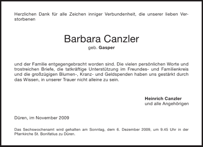 Traueranzeigen Von Barbara Canzler | Aachen Gedenkt