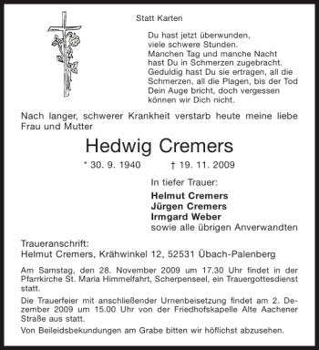 Traueranzeige von Hedwig Cremers von Aachener Zeitung / Aachener Nachrichten