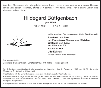 Traueranzeige von Hildegard Büttgenbach von Aachener Zeitung / Aachener Nachrichten