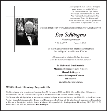 Traueranzeige von Leo S chürgers von Aachener Zeitung / Aachener Nachrichten