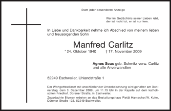 Traueranzeige von Manfred Carlitz von Aachener Zeitung / Aachener Nachrichten