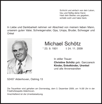 Traueranzeige von Michael Schötz von Aachener Zeitung / Aachener Nachrichten