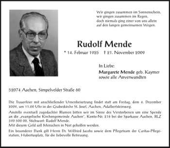 Traueranzeige von Rudolf Mende von Aachener Zeitung / Aachener Nachrichten