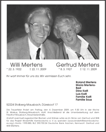 Traueranzeige von Willi Mertens Gertrud Mertens von Aachener Zeitung / Aachener Nachrichten