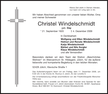 Traueranzeige von Christel Windelschmidt von Aachener Zeitung / Aachener Nachrichten