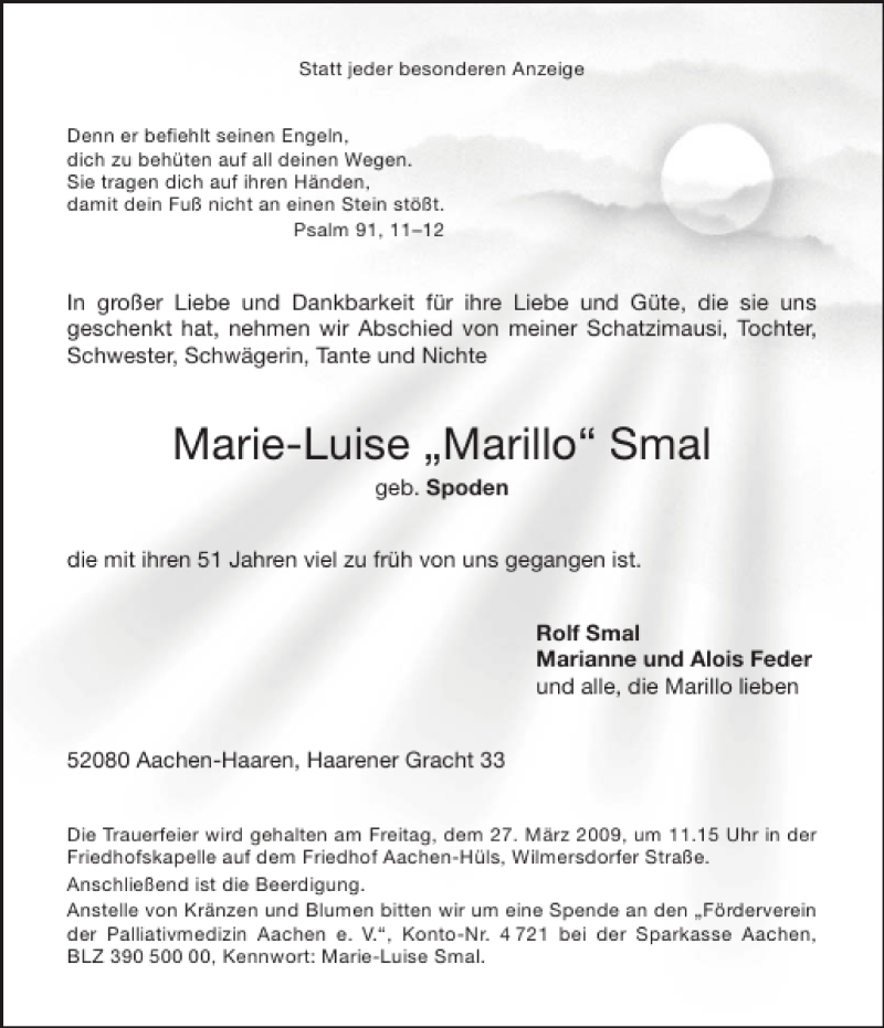  Traueranzeige für Marie-Luise Marillo Smal vom 25.03.2009 aus Aachener Zeitung / Aachener Nachrichten