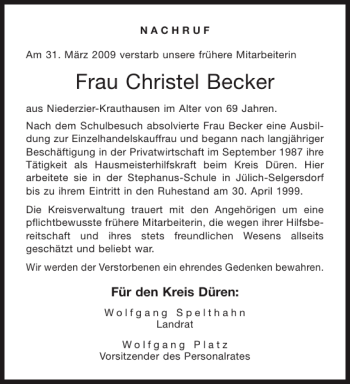 Traueranzeige von Frau Christel Becker von Aachener Zeitung / Aachener Nachrichten