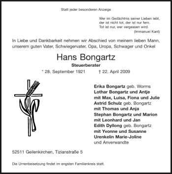 Traueranzeige von Hans Bongartz von Aachener Zeitung / Aachener Nachrichten