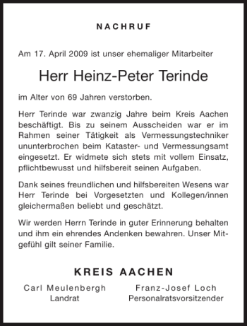 Traueranzeige von Heinz-Peter Terinde von Aachener Zeitung / Aachener Nachrichten