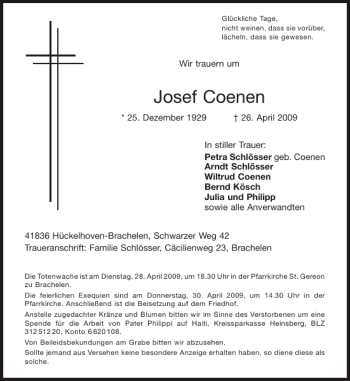 Traueranzeige von Josef Coenen von Aachener Zeitung / Aachener Nachrichten