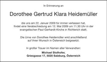 Traueranzeige von Dorothee Gertrud Klara Heidemüller von Aachener Zeitung / Aachener Nachrichten