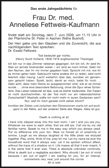 Traueranzeige von Frau Dr. med.Anneliese Fettweis-Kaufmann von Aachener Zeitung / Aachener Nachrichten