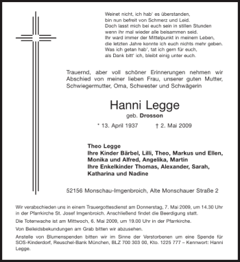 Traueranzeige von Hanni Legge von Aachener Zeitung / Aachener Nachrichten