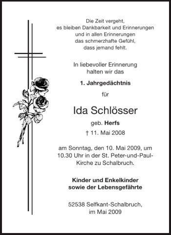 Traueranzeige von Ida Schlösser von Aachener Zeitung / Aachener Nachrichten