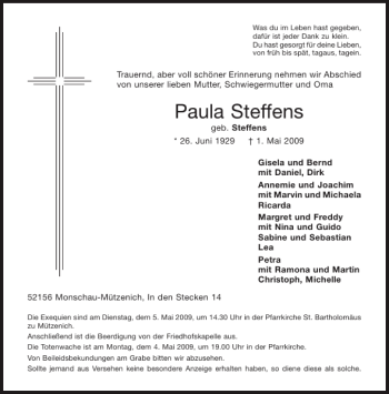 Traueranzeige von Paula Steffens von Aachener Zeitung / Aachener Nachrichten