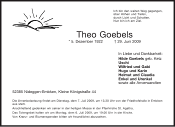 Traueranzeige von Theo Goebels von Aachener Zeitung / Aachener Nachrichten