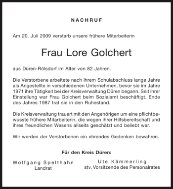 Traueranzeige von Frau Lore Golchert von Aachener Zeitung / Aachener Nachrichten