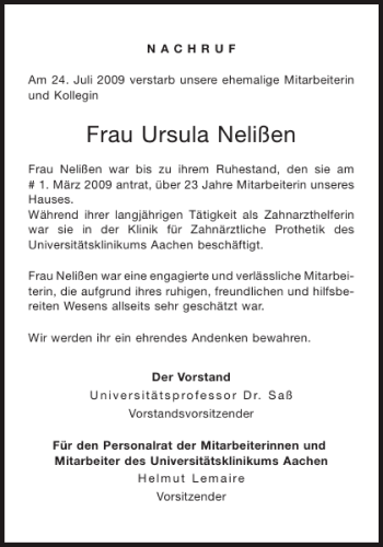 Traueranzeige von Frau Ursula Nelißen von Aachener Zeitung / Aachener Nachrichten