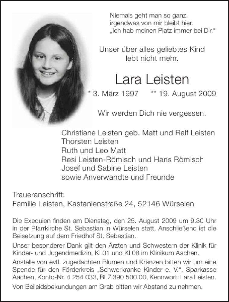  Traueranzeige für Lara Leisten vom 22.08.2009 aus Aachener Zeitung / Aachener Nachrichten