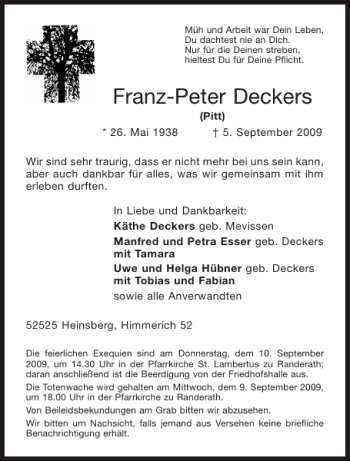 Traueranzeige von Franz-Peter Deckers von Aachener Zeitung / Aachener Nachrichten