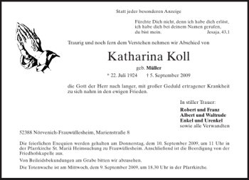 Traueranzeige von Katharina Koll von Aachener Zeitung / Aachener Nachrichten