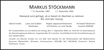 Traueranzeige von MARKUS STÖCKMANN von Aachener Zeitung / Aachener Nachrichten