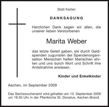 Traueranzeige von Marita Weber von Aachener Zeitung / Aachener Nachrichten