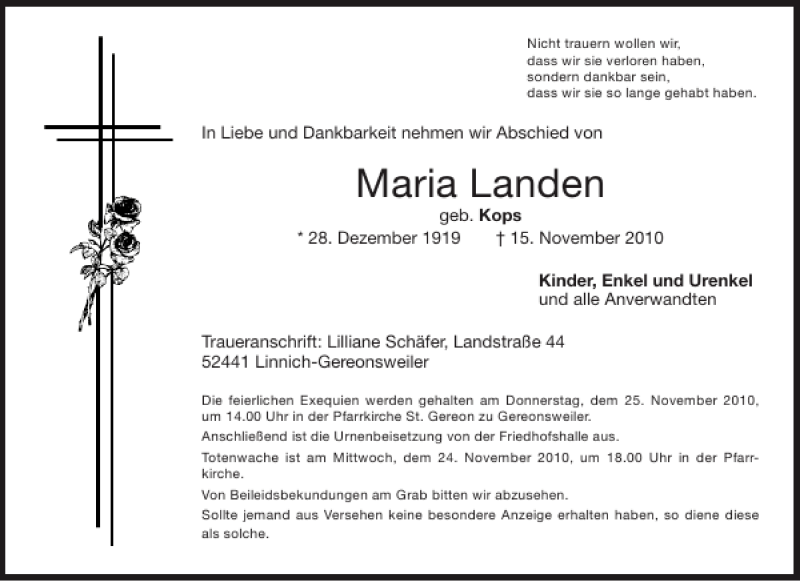 Traueranzeigen von Maria Landen | Aachen gedenkt