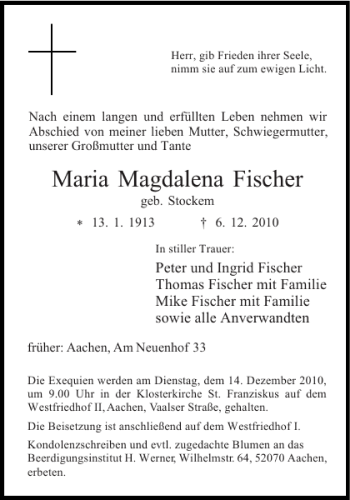 Traueranzeige von Maria Magdalena Fischer von Aachener Zeitung / Aachener Nachrichten