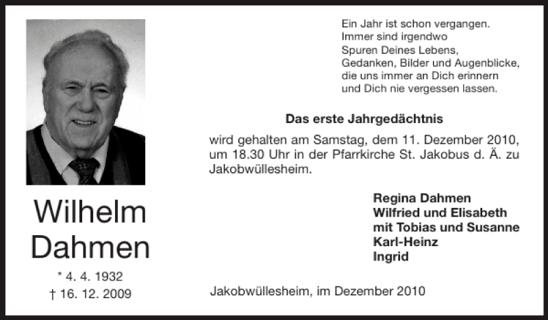  Traueranzeige für Wilhelm Dahmen vom 05.12.2010 aus Super Sonntag / Super Mittwoch