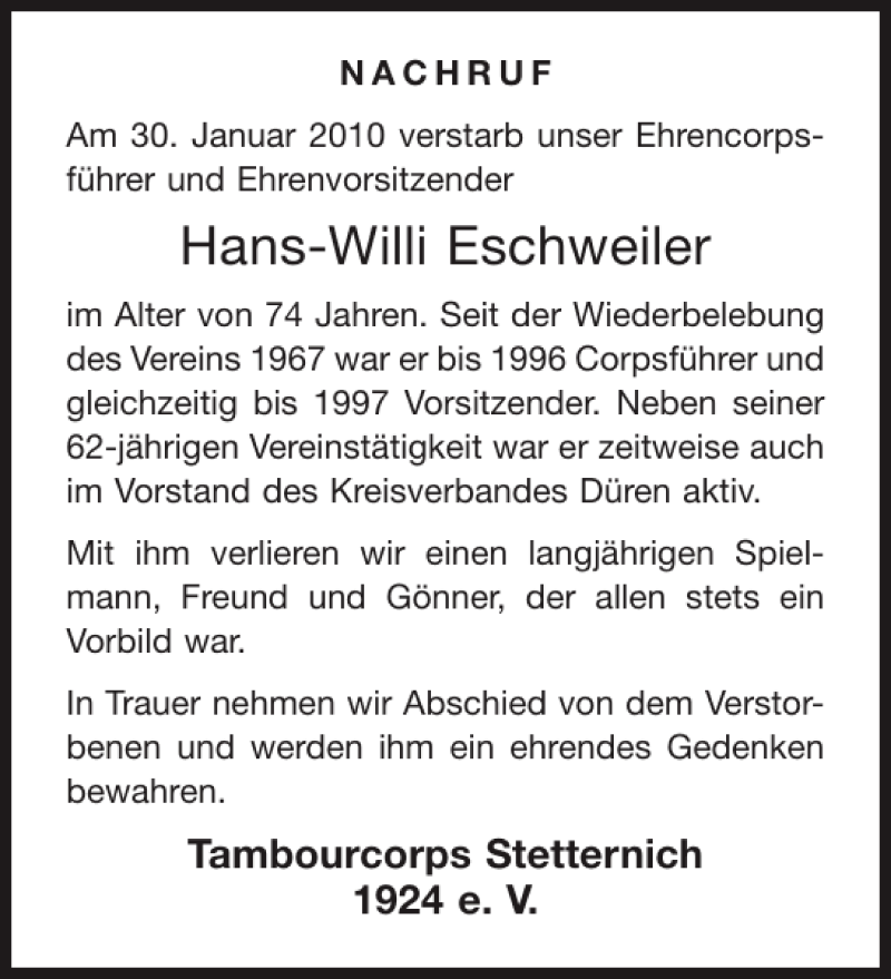 Hans Willi Eschweiler Traueranzeige 3ee7e714 E264 4807 Aebb 04f68c0ce436 