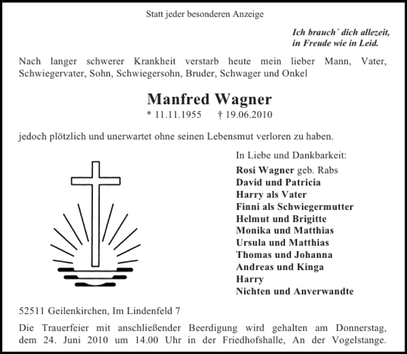 Traueranzeigen Von Manfred Wagner Aachen Gedenkt