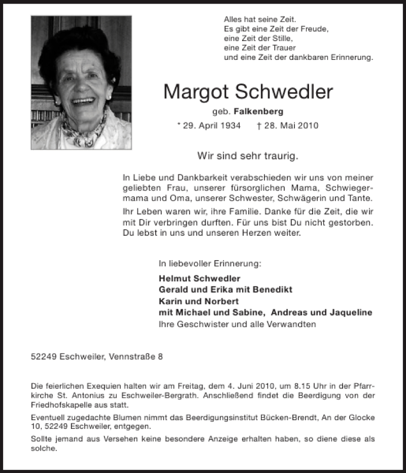 Traueranzeigen Von Margot Schwedler | Aachen Gedenkt