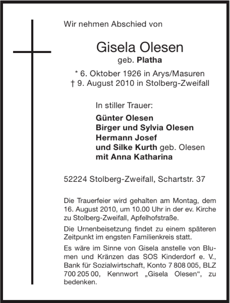 Traueranzeigen von Gisela Olesen | Aachen gedenkt