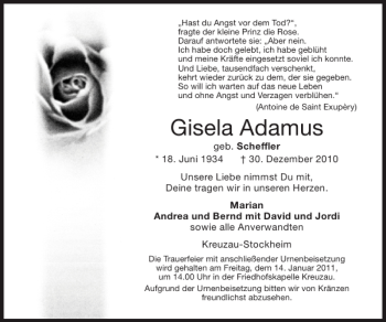 Traueranzeige von Gisela Adamus von Super Sonntag / Super Mittwoch