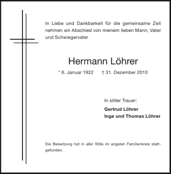 Traueranzeige von Hermann Löhrer von Aachener Zeitung / Aachener Nachrichten