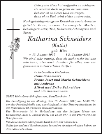 Traueranzeige von Katharina Schneiders von Aachener Zeitung / Aachener Nachrichten