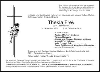 Traueranzeige von Thekla Frey von Aachener Zeitung / Aachener Nachrichten