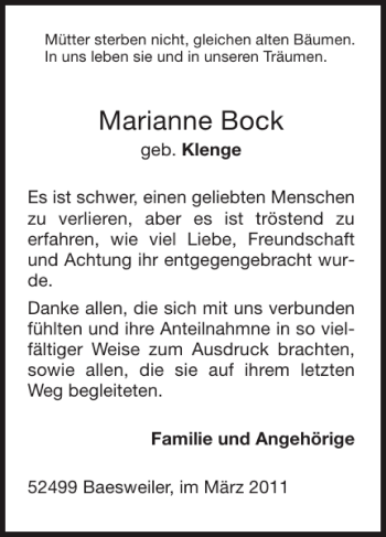 Traueranzeige von Marianne Bock von Super Sonntag / Super Mittwoch