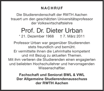 Traueranzeige von Prof. Dr. Dieter Urban von Aachener Zeitung / Aachener Nachrichten