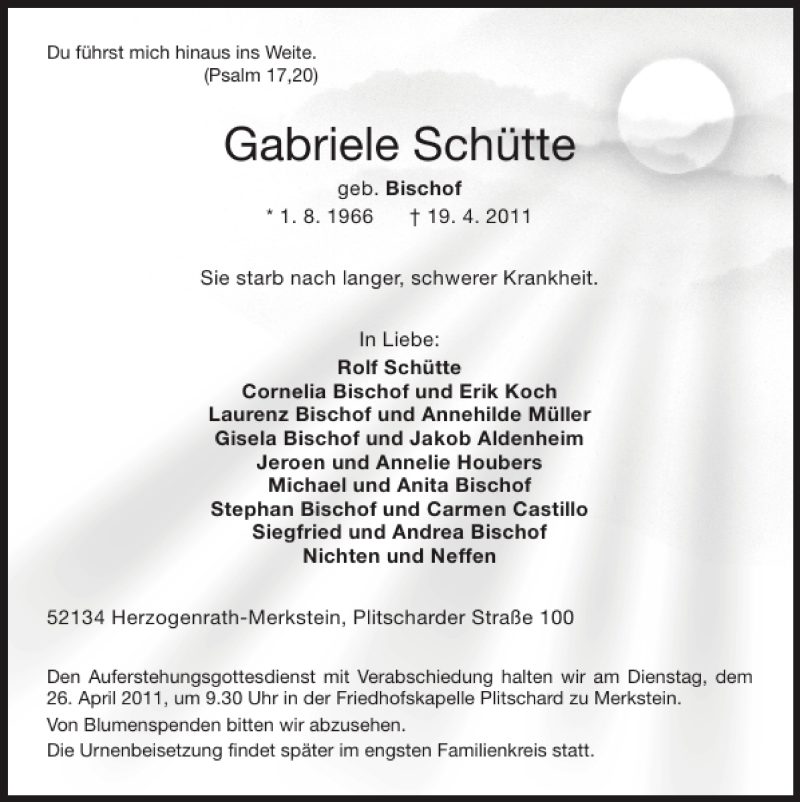  Traueranzeige für Gabriele Schütte vom 24.04.2011 aus Super Sonntag / Super Mittwoch