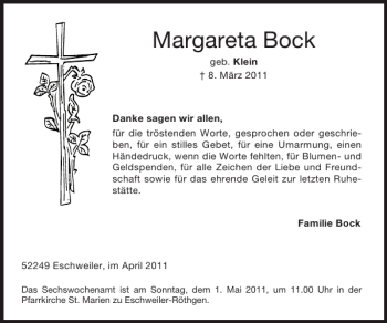 Traueranzeige von Margareta Bock von Super Sonntag / Super Mittwoch