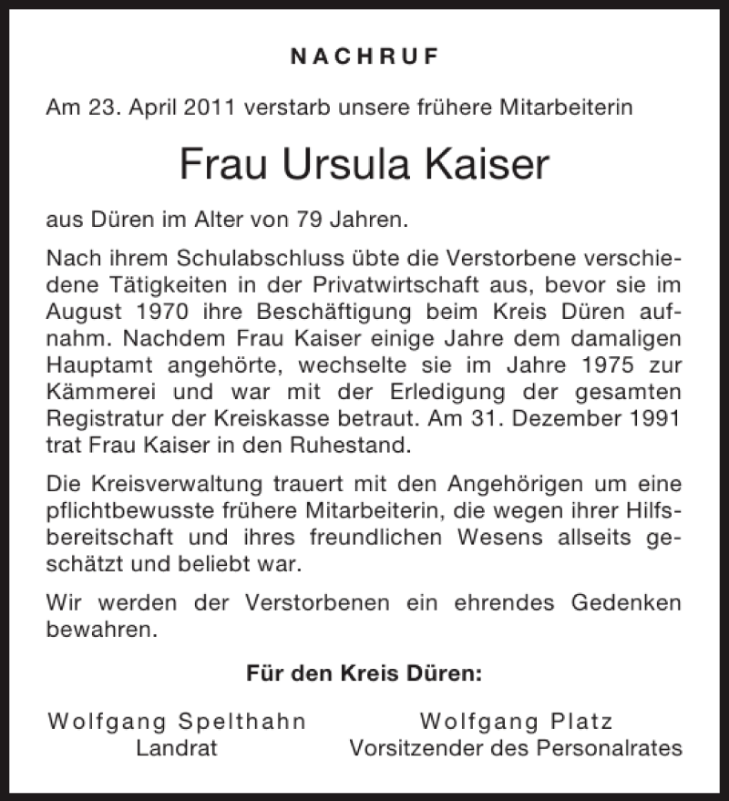 Traueranzeigen Von Frau Ursula Kaiser Aachen Gedenkt 