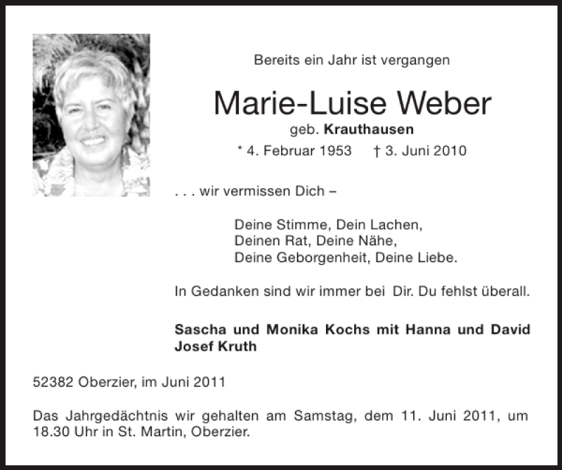 Traueranzeigen Von Marie Luise Weber chen Gedenkt