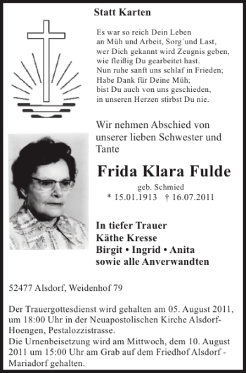 Traueranzeige von Frida Klara Fulde von Super Sonntag / Super Mittwoch