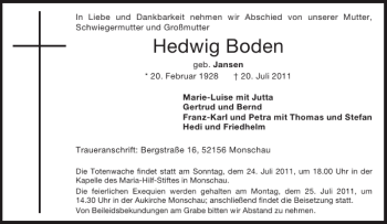 Traueranzeige von Hedwig Boden von Aachener Zeitung / Aachener Nachrichten