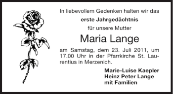 Traueranzeige von Maria Lange von Aachener Zeitung / Aachener Nachrichten